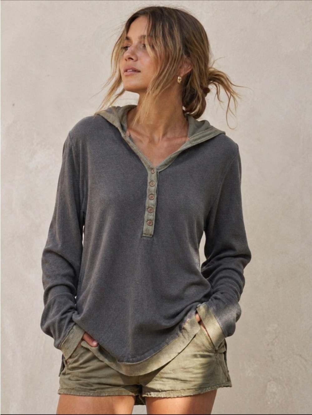 Fera Cuddle Henley Hoodie Charcoal Olive Super Soft Small